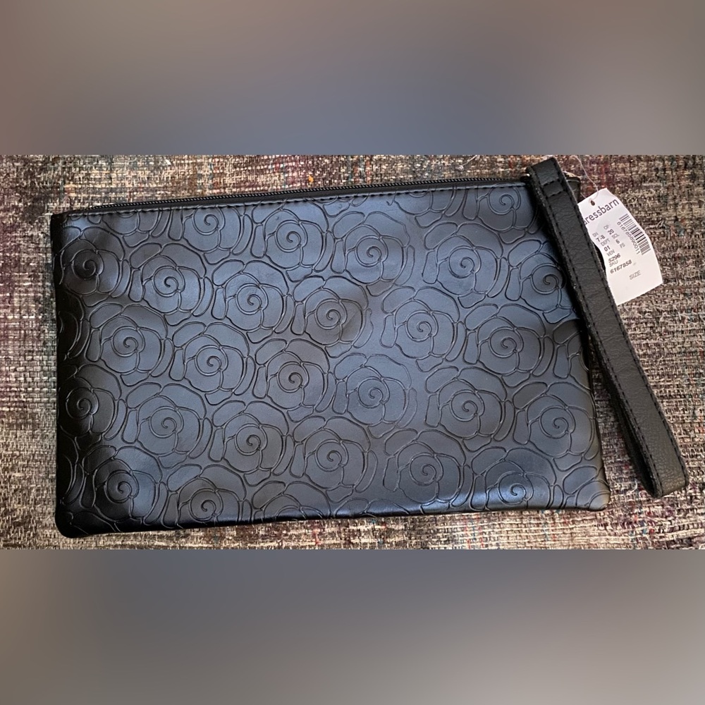 DressBarn large slim black flower Embossed black Clutch.